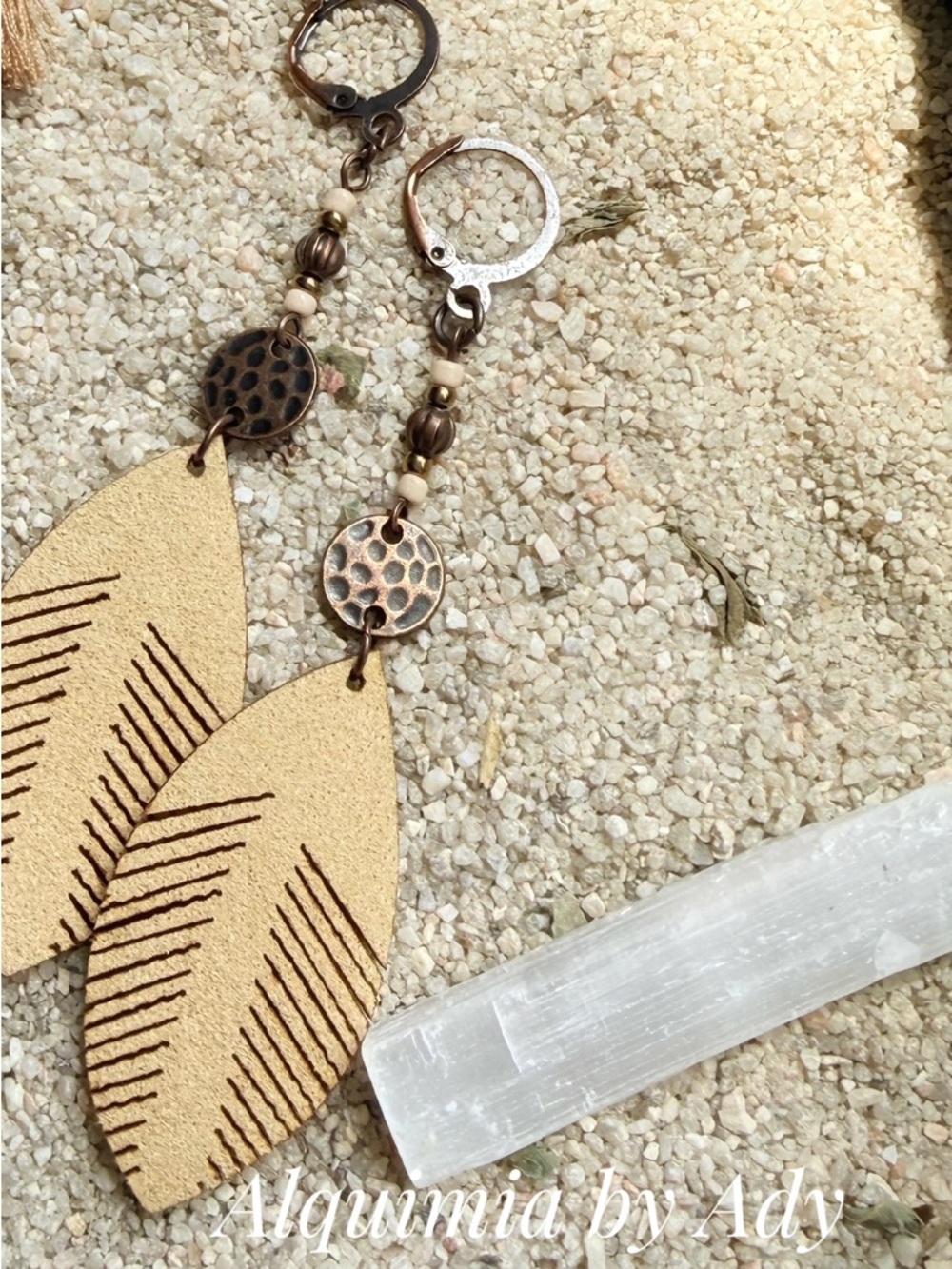 Alquimia Gold Leaf Leather Earrings with Antique Bronze Accents
